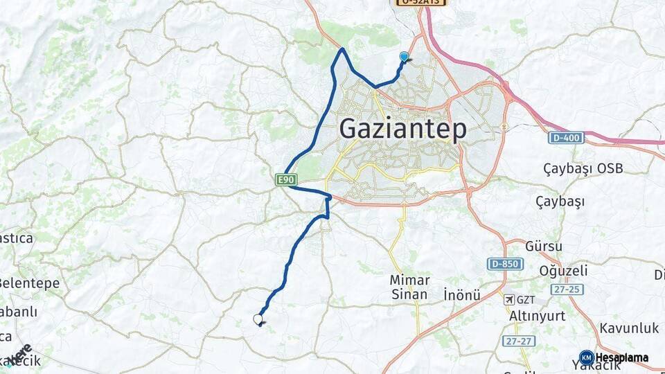 Gaziantep Şahinbey Arası Kaç Km - Yol Haritası