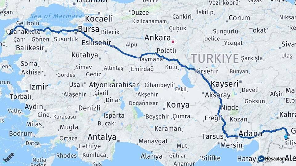 Şahinbey Çanakkale Arası Kaç Km - Yol Tarifi