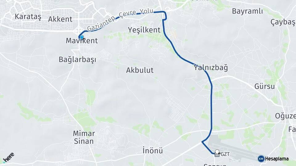 Mavikent Gaziantep Havalimanı Arası Kaç Km - Yol Tarifi