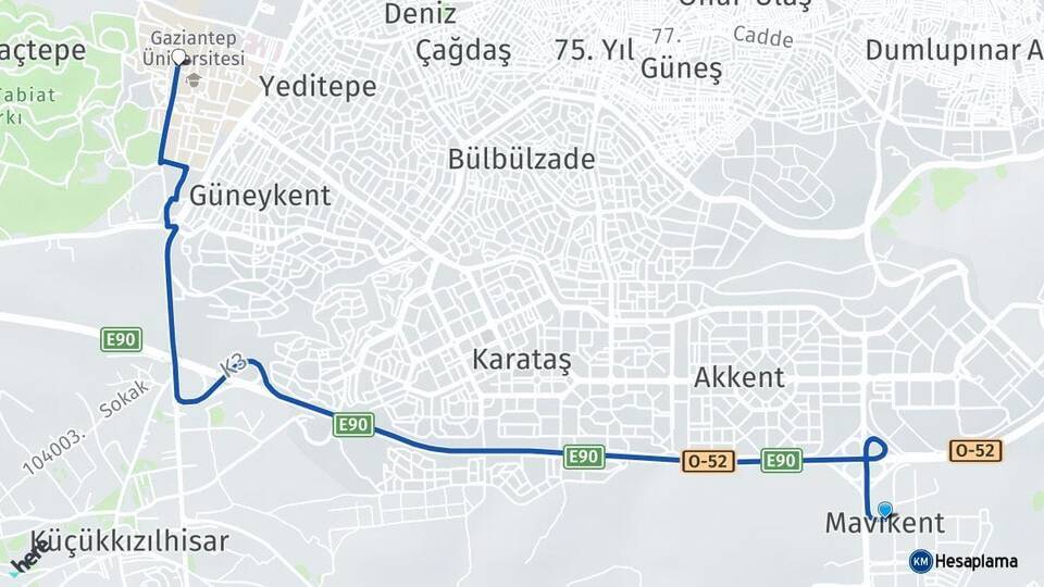 Mavikent Gaziantep Üniversitesi Arası Kaç Km - Yol Tarifi