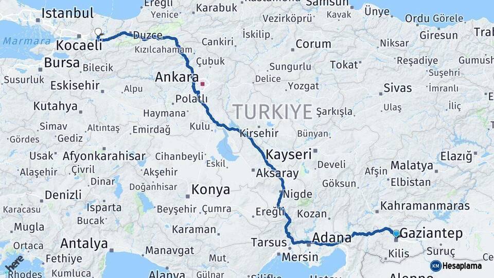 Gaziantep Sakarya Arası Kaç Km - Yol Haritası
