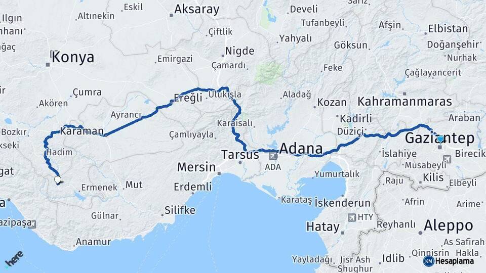 Gaziantep Sarıveliler Karaman Arası Kaç Km - Yol Haritası