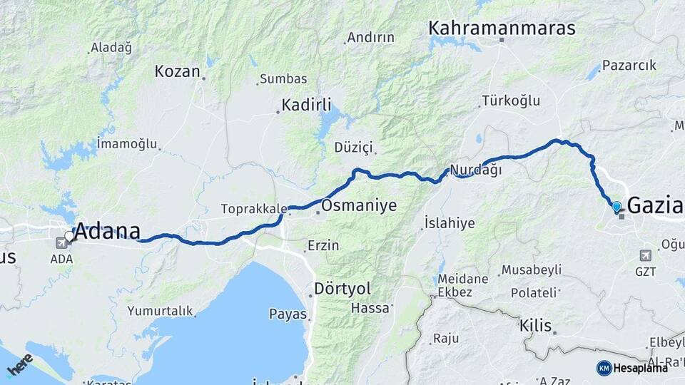Gaziantep Şehitkamil Adana Arası Kaç Km - Yol Haritası