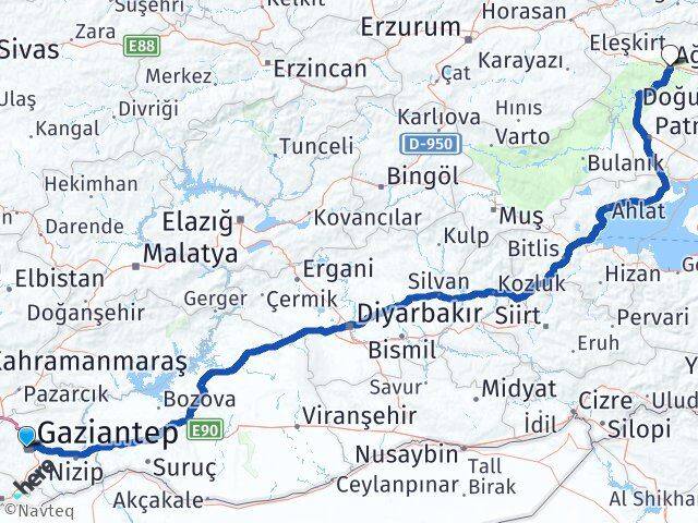Gaziantep Şehitkamil Ağrı Arası Kaç Km - Yol Haritası