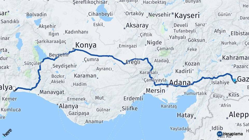 Gaziantep Şehitkamil Antalya Arası Kaç Km - Yol Haritası