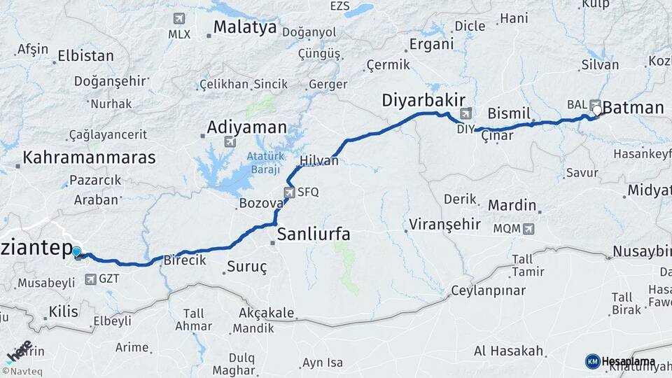 Gaziantep Şehitkamil Batman Arası Kaç Km - Yol Haritası