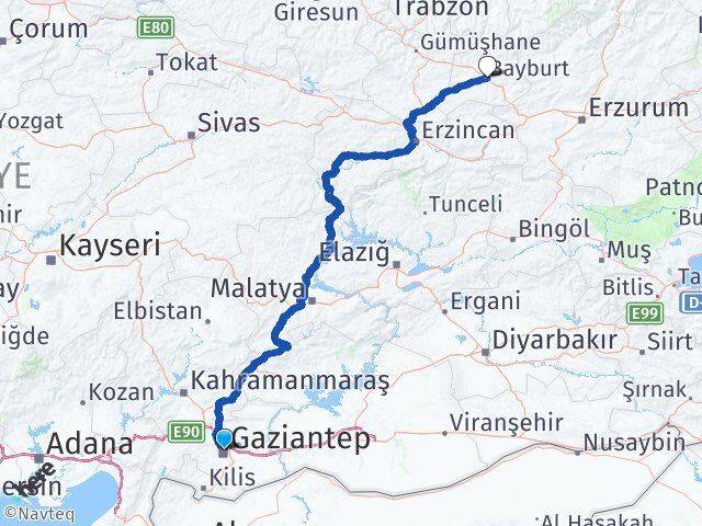 Gaziantep Şehitkamil Bayburt Arası Kaç Km - Yol Haritası