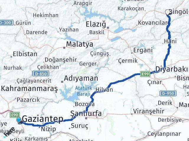 Gaziantep Şehitkamil Bingöl Arası Kaç Km - Yol Haritası