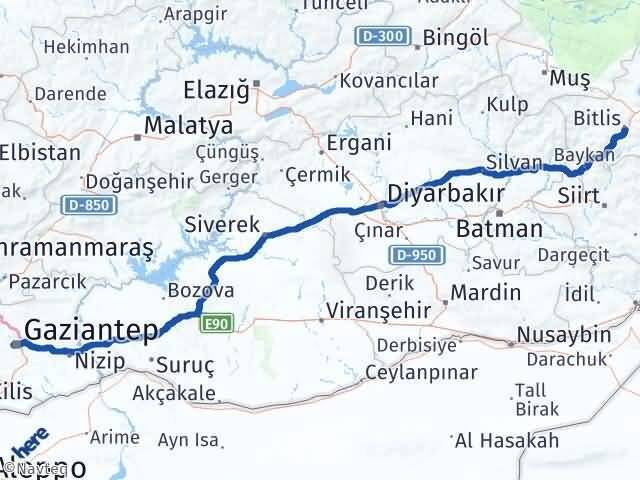 Gaziantep Şehitkamil Bitlis Arası Kaç Km - Yol Haritası