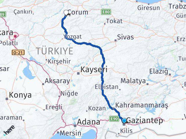 Gaziantep Şehitkamil Çorum Arası Kaç Km - Yol Haritası