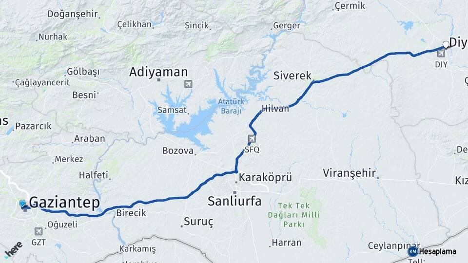 Gaziantep Şehitkamil Diyarbakır Arası Kaç Km - Yol Haritası