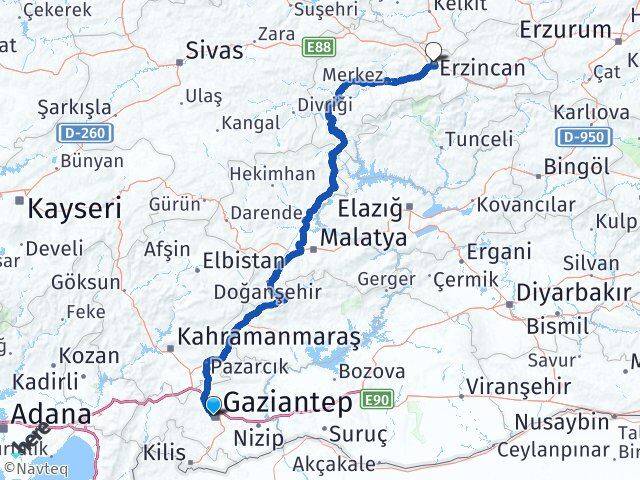 Gaziantep Şehitkamil Erzincan Arası Kaç Km - Yol Haritası