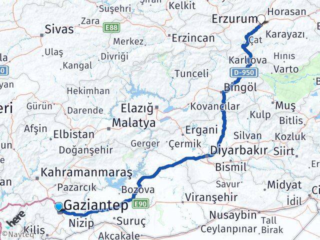 Gaziantep Şehitkamil Erzurum Arası Kaç Km - Yol Haritası