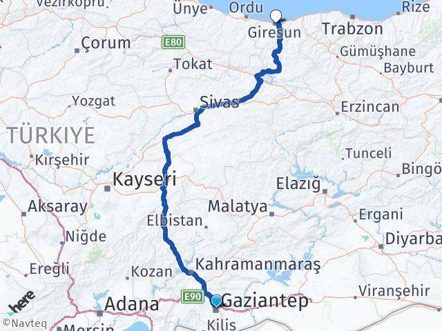 Gaziantep Şehitkamil Giresun Arası Kaç Km - Yol Haritası