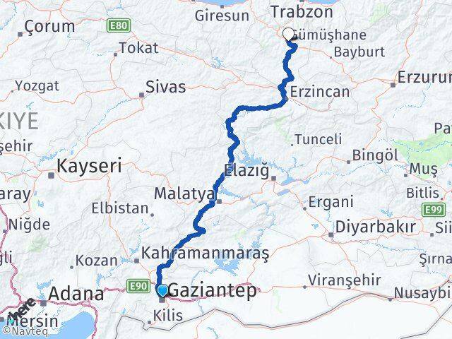 Gaziantep Şehitkamil Gümüşhane Arası Kaç Km - Yol Haritası