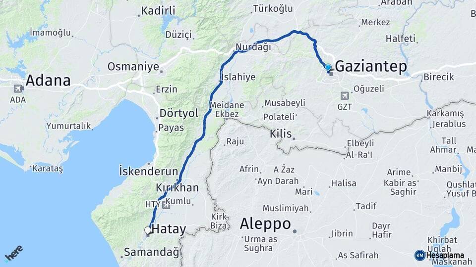 Gaziantep Şehitkamil Hatay Arası Kaç Km - Yol Haritası