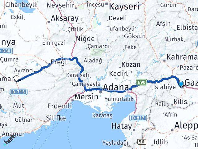Gaziantep Şehitkamil Karaman Arası Kaç Km - Yol Haritası