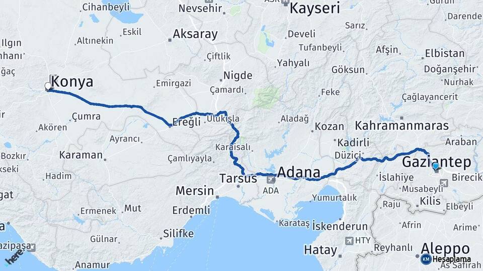 Gaziantep Şehitkamil Konya Arası Kaç Km - Yol Haritası