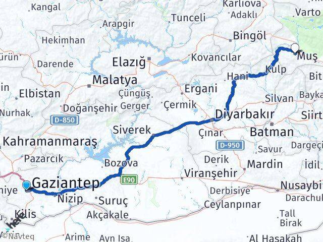 Gaziantep Şehitkamil Muş Arası Kaç Km - Yol Haritası