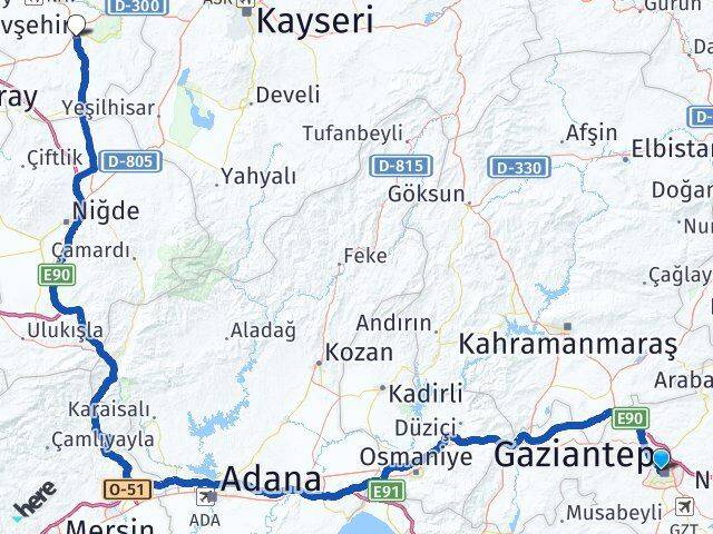 Gaziantep Şehitkamil Nevşehir Arası Kaç Km - Yol Haritası