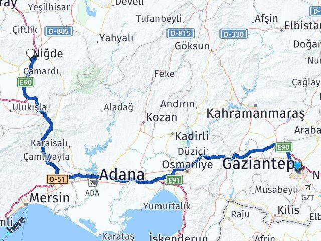Gaziantep Şehitkamil Niğde Arası Kaç Km - Yol Haritası
