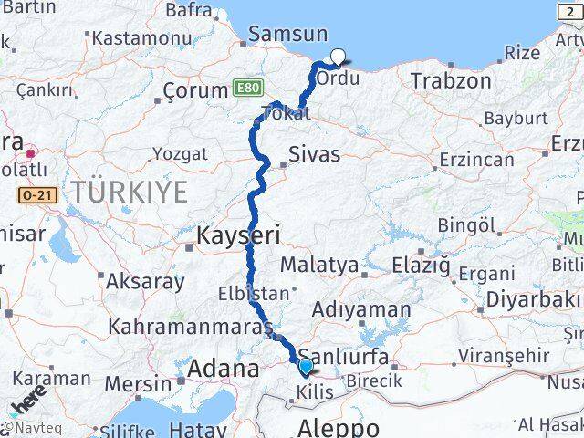 Gaziantep Şehitkamil Ordu Arası Kaç Km - Yol Haritası