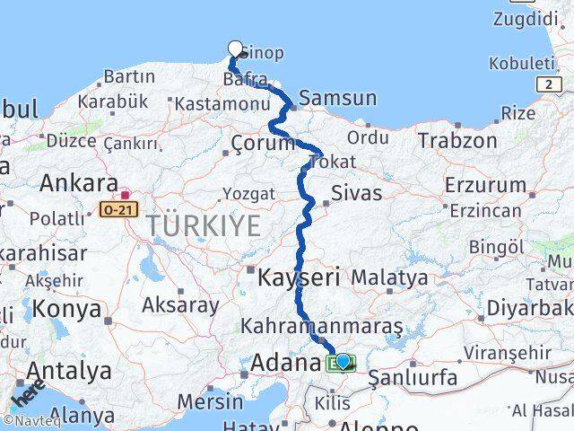 Gaziantep Şehitkamil Sinop Arası Kaç Km - Yol Haritası