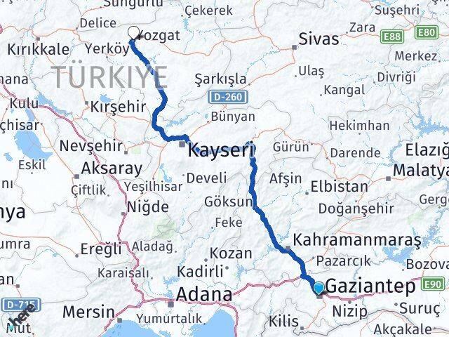 Gaziantep Şehitkamil Yozgat Arası Kaç Km - Yol Haritası