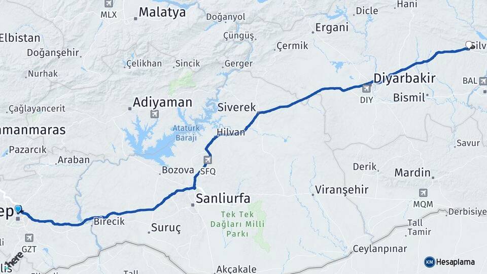 Gaziantep Silvan Diyarbakır Arası Kaç Km - Yol Haritası