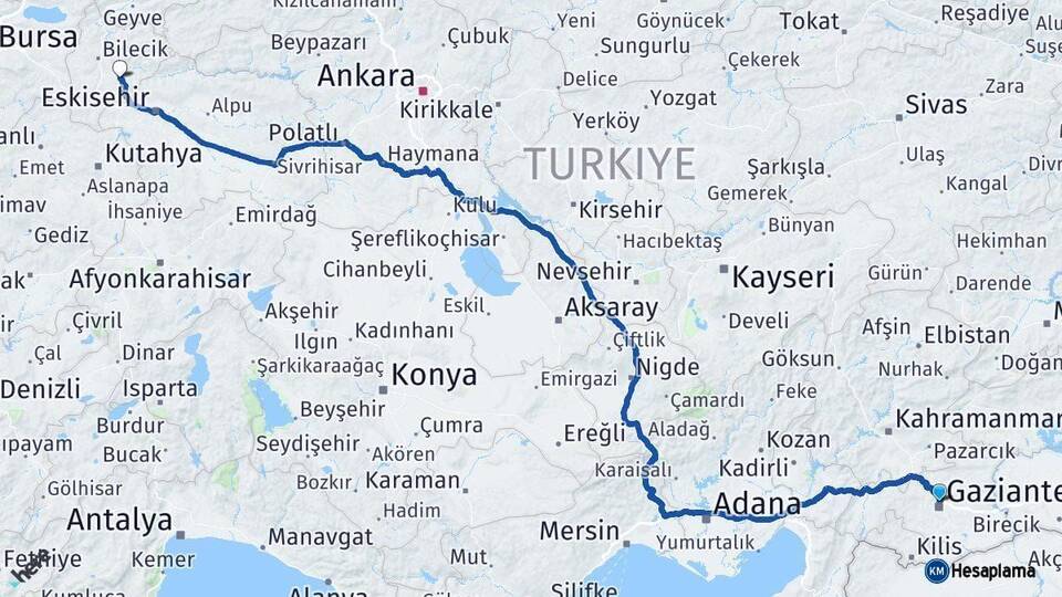 Gaziantep Söğüt Bilecik Arası Kaç Km - Yol Haritası