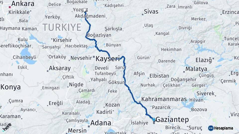 Gaziantep Sorgun Yozgat Arası Kaç Km - Yol Haritası