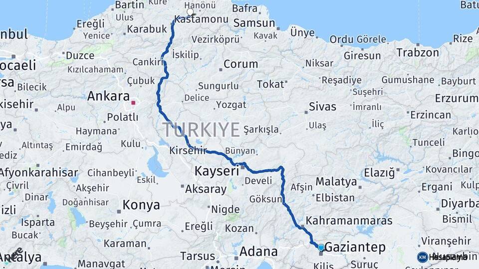 Gaziantep Taşköprü Kastamonu Arası Kaç Km - Yol Haritası