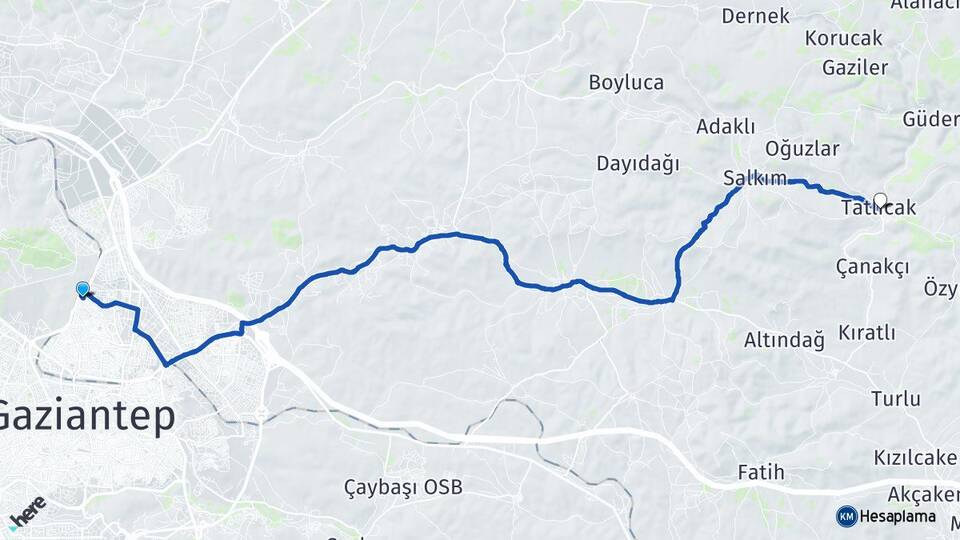 Gaziantep Tatlıcak Nizip Arası Kaç Km - Yol Haritası