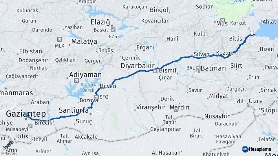Gaziantep Tatvan Bitlis Arası Kaç Km - Yol Haritası