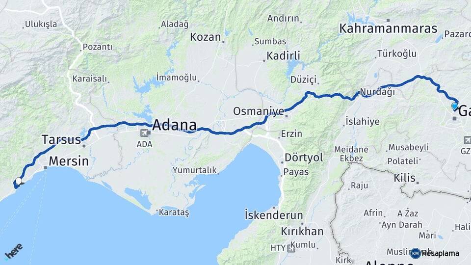 Gaziantep Tece Mezitli Mersin Arası Kaç Km - Yol Haritası