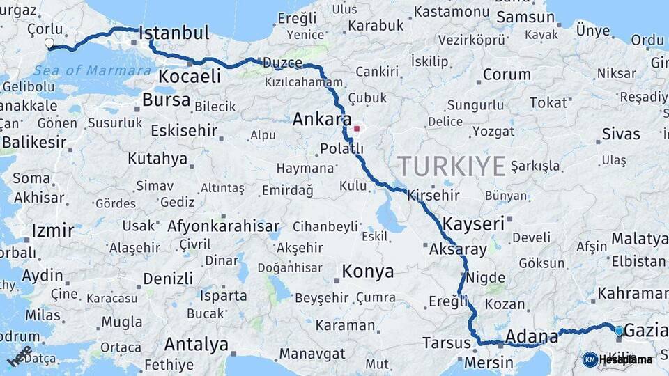 Gaziantep Tekirdağ Arası Kaç Km - Yol Haritası
