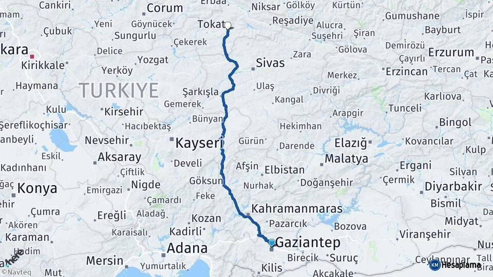 Gaziantep Tokat Arası Kaç Km - Yol Haritası