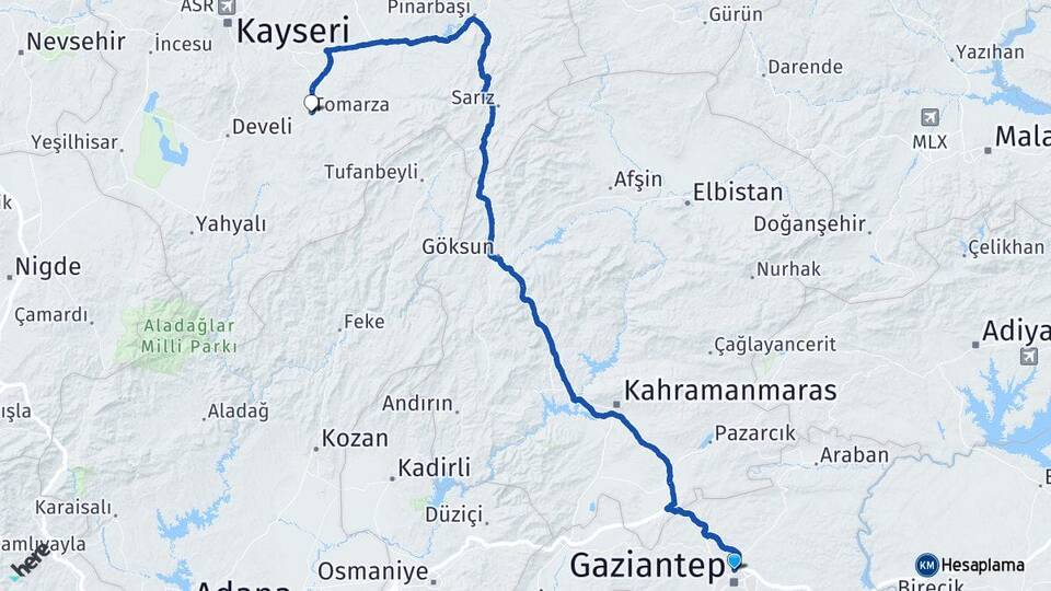 Gaziantep Tomarza Kayseri Arası Kaç Km - Yol Haritası