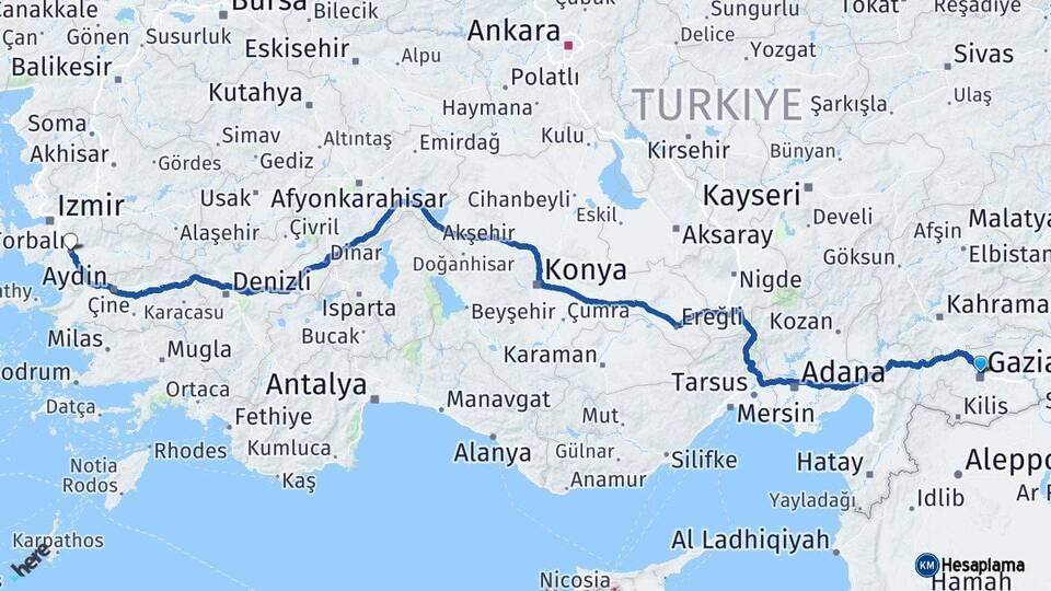 Gaziantep Torbalı İzmir Arası Kaç Km - Yol Haritası