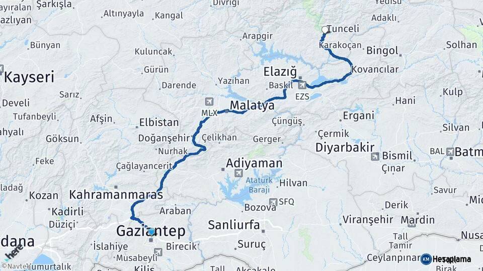 Gaziantep Tunceli Arası Kaç Km - Yol Haritası