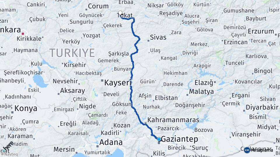 Gaziantep Turhal Tokat Arası Kaç Km - Yol Haritası