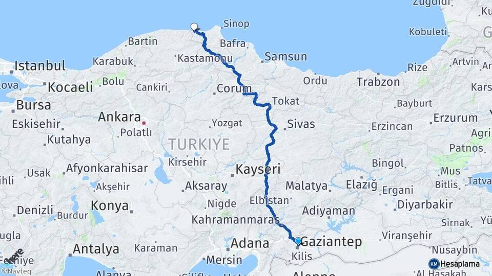 Gaziantep Türkeli Sinop Arası Kaç Km - Yol Haritası