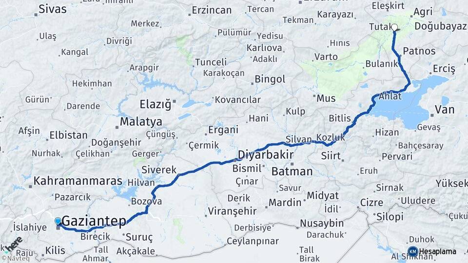 Gaziantep Tutak Ağrı Arası Kaç Km - Yol Haritası