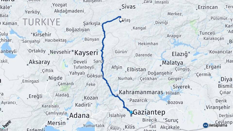 Gaziantep Ulaş Sivas Arası Kaç Km - Yol Haritası