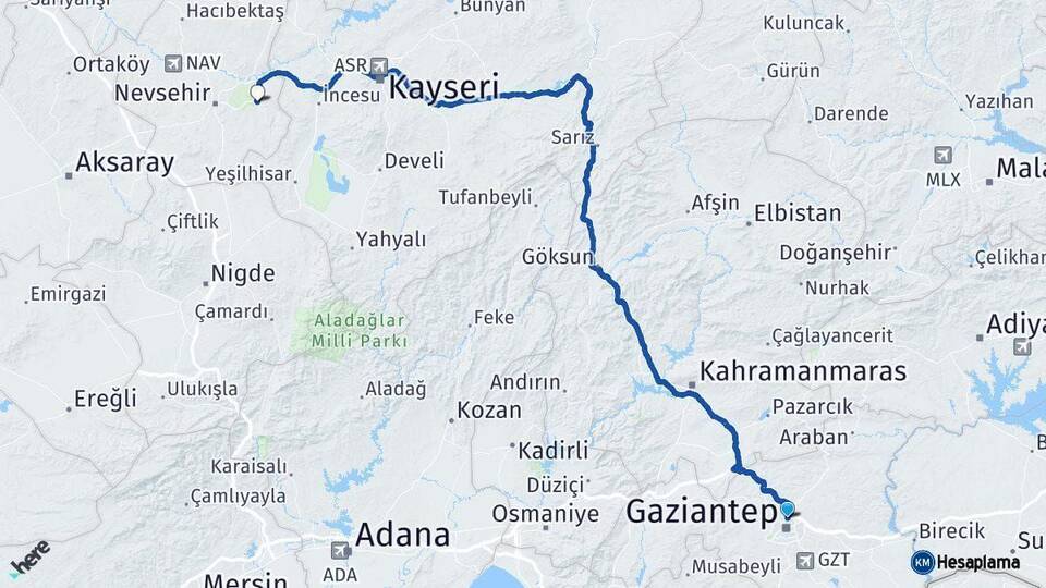 Gaziantep Ürgüp Nevşehir Arası Kaç Km - Yol Haritası