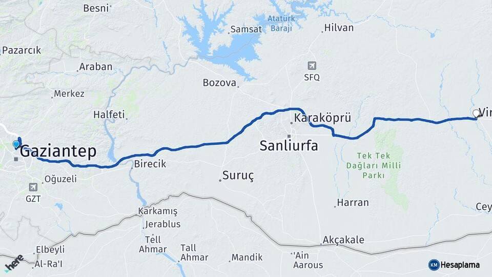 Gaziantep Viranşehir Şanlıurfa Arası Kaç Km - Yol Haritası