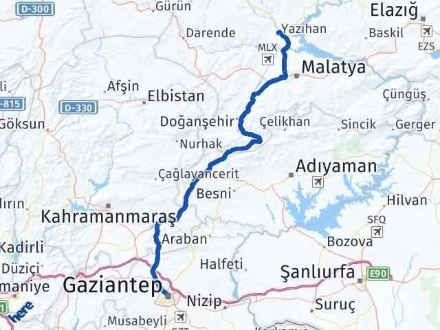 Gaziantep Yazıhan Malatya Arası Kaç Km - Yol Haritası