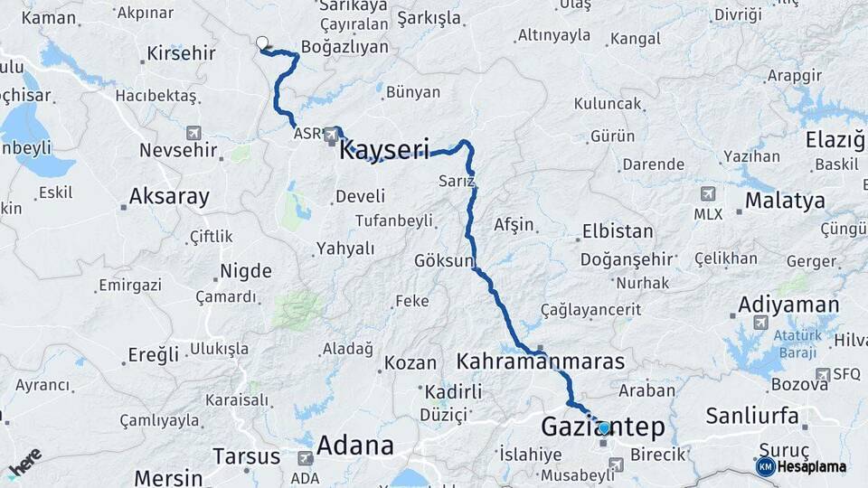 Gaziantep Yenifakılı Yozgat Arası Kaç Km - Yol Haritası