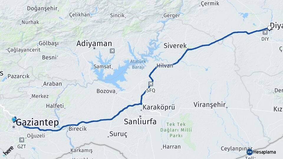 Gaziantep Yenişehir Diyarbakır Arası Kaç Km - Yol Haritası