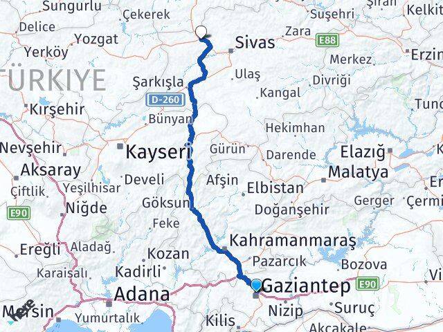 Gaziantep Yıldızeli Sivas Arası Kaç Km - Yol Haritası